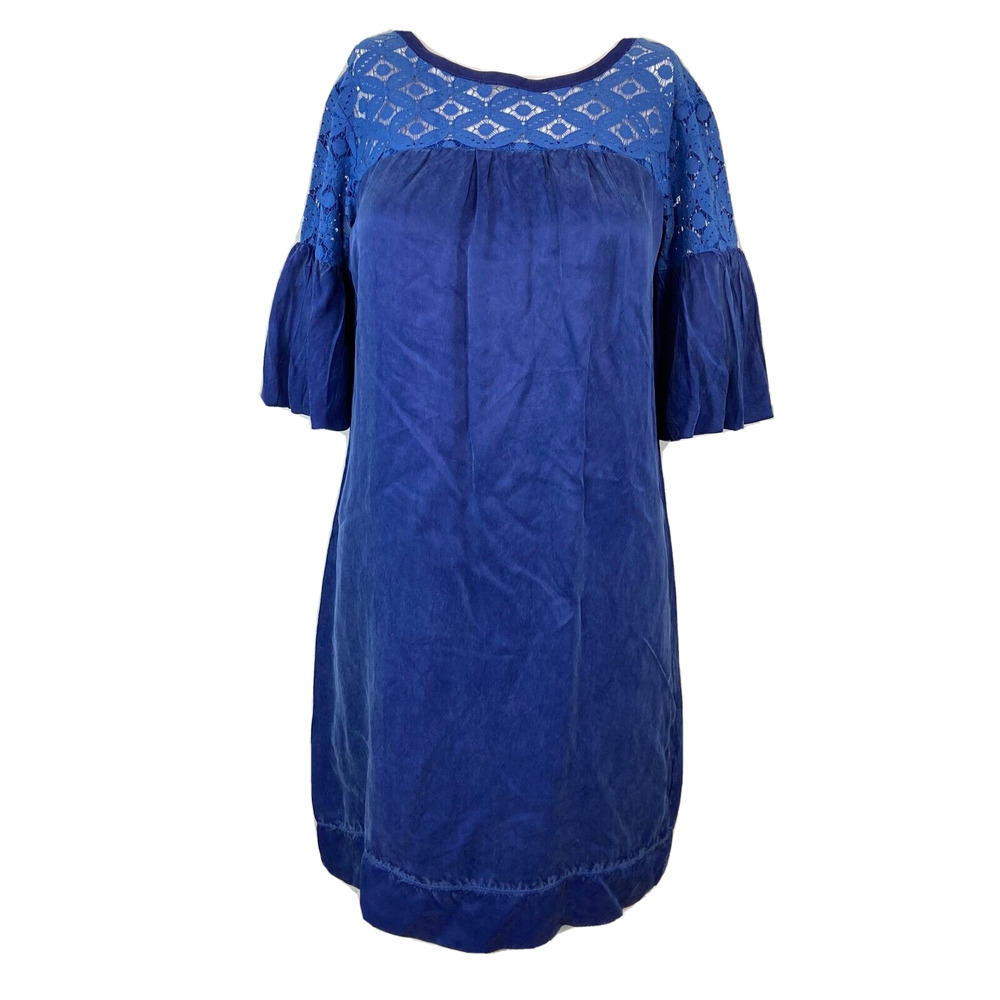 Ella Moss Dress Womens Sz XS Blue Cotton Lace Bell Elbow Sleeve Silky Shift